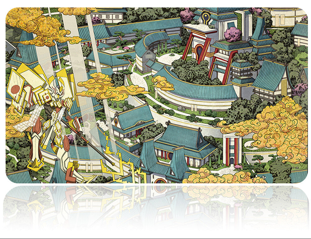 Decorative mat with a colorful design of a traditional Asian temple and statues, featuring a metal stand on top.