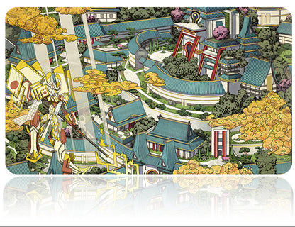 Decorative mat with a colorful design of a traditional Asian temple and statues, featuring a metal stand on top.