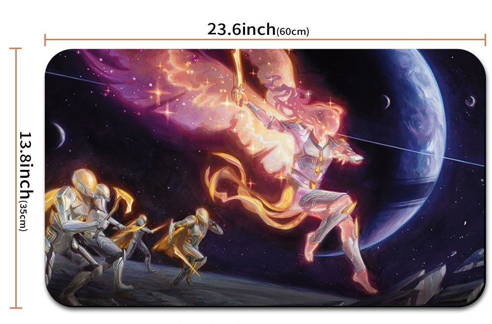 Decorative mat with fantasy design featuring a fairy and creatures, with measurements provided.