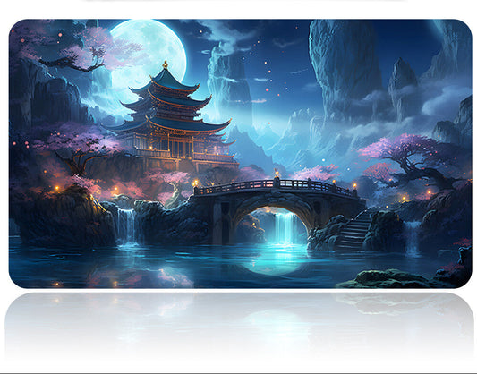 Futuristic weapon with a fantasy-themed mouse pad featuring a temple and bridge under a moonlit sky.