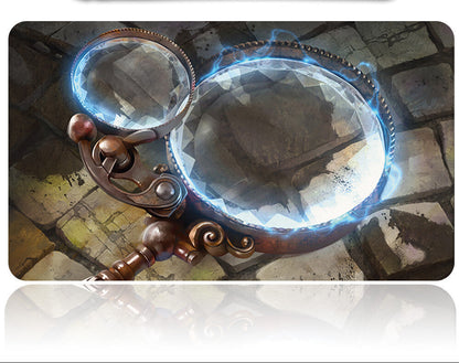 Decorative magnifying glass with blue light effect on a textured background