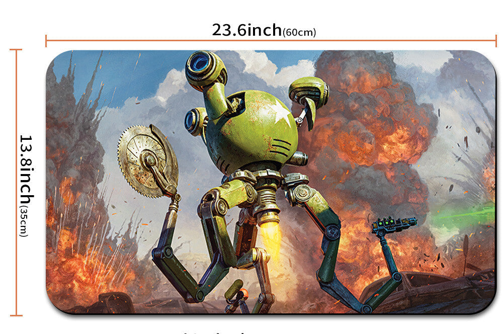 Illustrated robot in a war scene with dimensions and a drawstring bag shown.