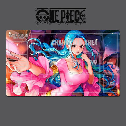 A One Piece themed desk mat or gaming playmat featuring an anime illustration of Charlotte Linlin with blue hair and a pink dress, set against a dark gray background with the One Piece logo at the top.