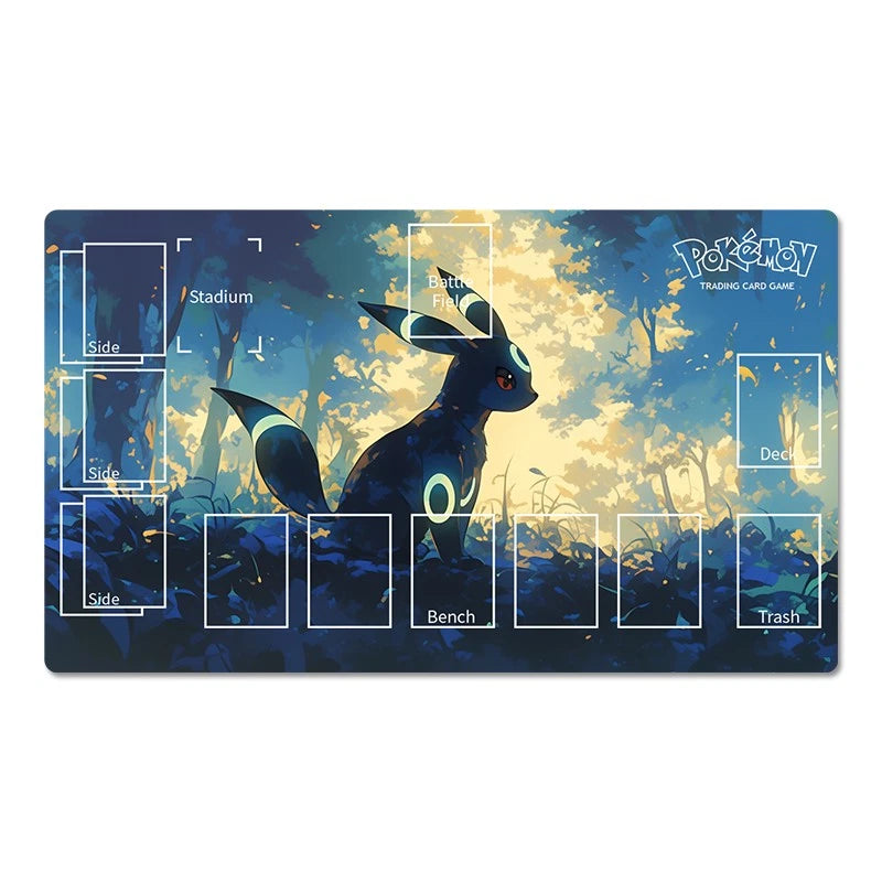 A rectangular Pokémon trading card game playmat featuring a dark blue and yellow forest scene with a glowing blue fox-like character. White labeled zones for Side, Bench, Trash, Stadium, and Deck are printed on the mat.