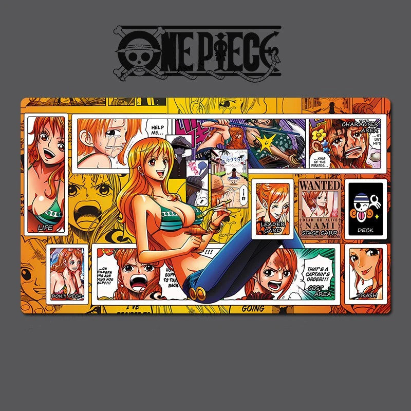 Collage of anime character cards with 'One Piece' branding on a dark background