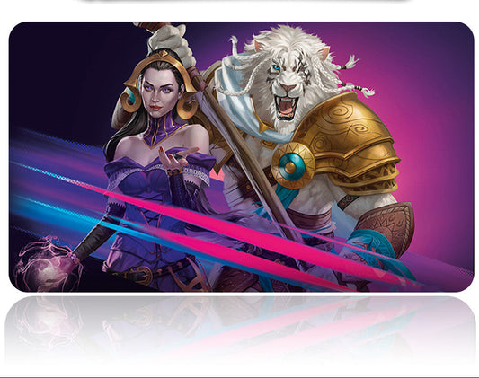 Fictional character with a sword and a white lion on a colorful background