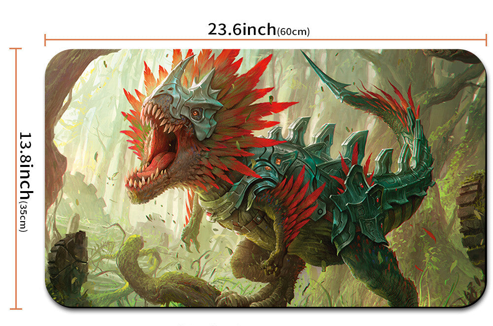 Illustrated dragon design on a product with dimensions displayed