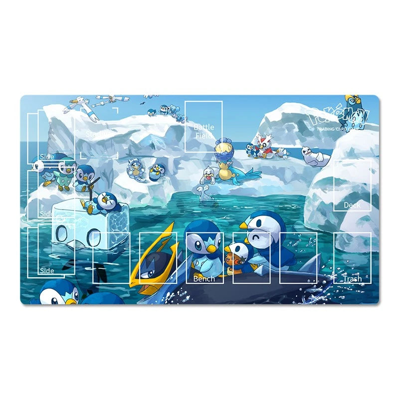 A rectangular illustrated desk mat or playmat featuring a cartoon icy ocean scene with penguin characters, icebergs, and labeled placement zones such as Side, Bench, Touch, and Loch.