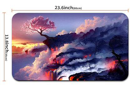 Mouse pad with a scenic design of a tree and clouds, shown with dimensions.