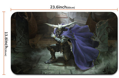 Mouse pad with fantasy character design and measurements, including a drawstring bag.