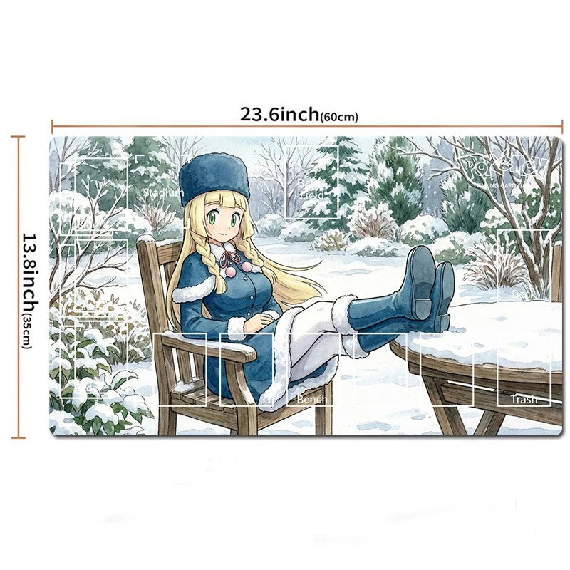 A rectangular printed mat or rug featuring an anime-style illustration of a blonde woman sitting in a wooden chair outdoors in a snowy landscape. The image includes dimension markings showing 23.