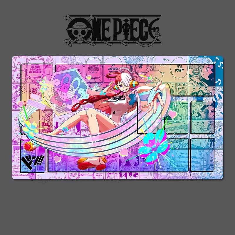 Colorful 'One Piece' themed playmat with character design on a dark background