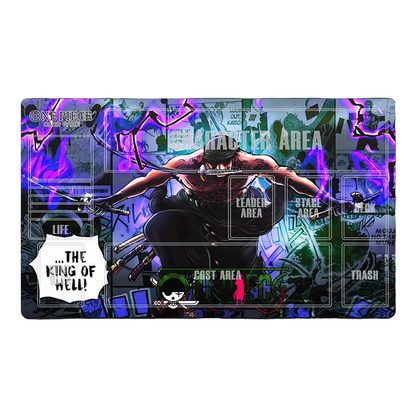 Card game mat with anime character design and text