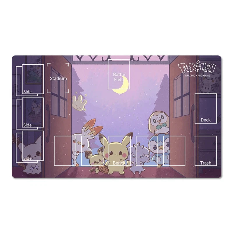 A rectangular Pokémon trading card playmat with a purple and lavender illustrated scene featuring Pikachu, Eevee, and other characters. The playmat includes labeled zones for Side, Stadium, Battle Field, Deck, and Trash, with Pokémon branding in the top right.