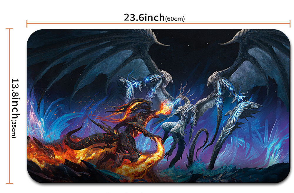 Dragon-themed mouse pad with dimensions and a carrying case shown below.