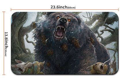 Mouse pad with a bear and gnomes design, showing dimensions and a drawstring.