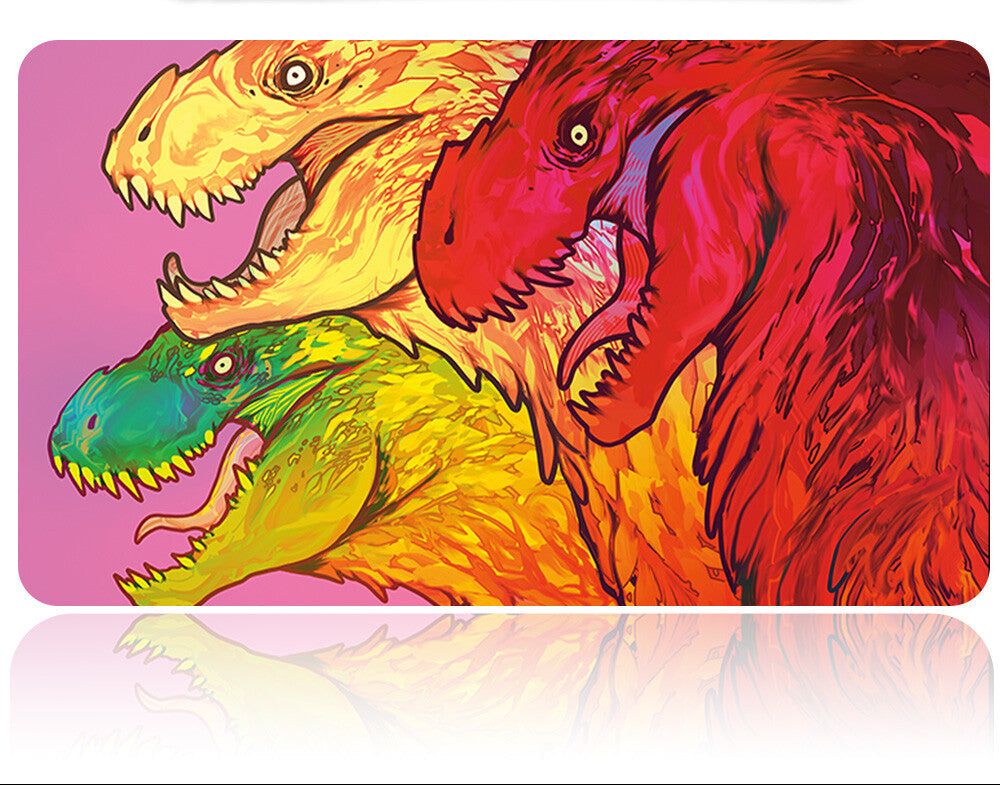 Colorful dinosaur illustration on a pink background with a metal tool above it.