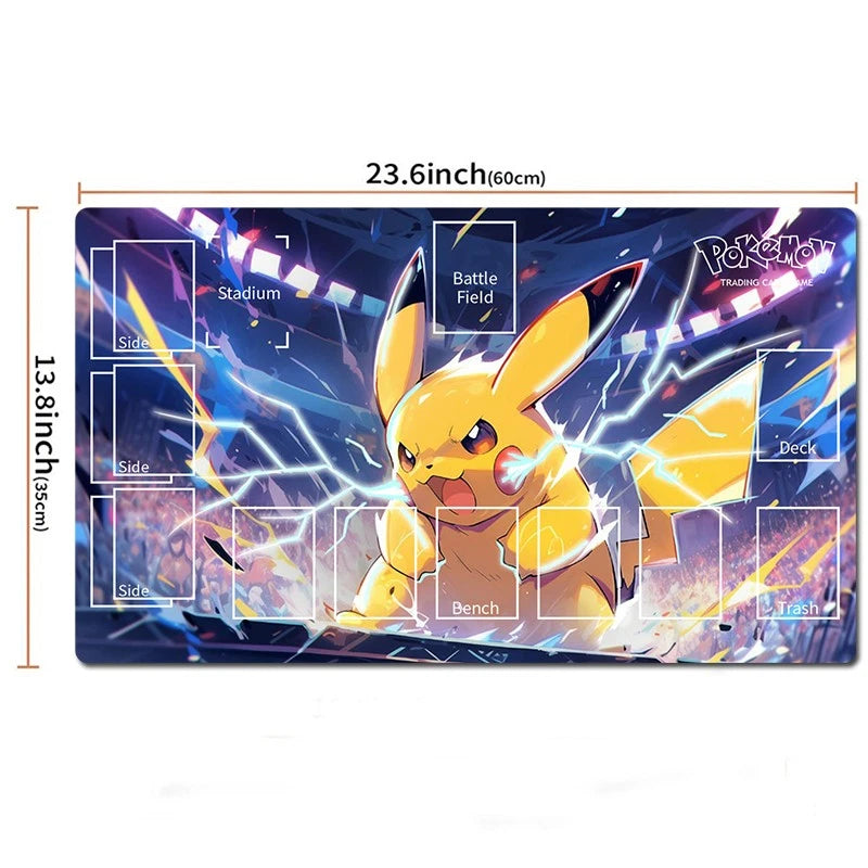 A Pokémon Trading Card Game playmat shown flat against a white background, with dimension labels indicating 23.6 inches by 13.