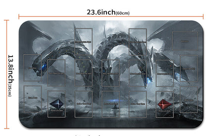 Dragon-themed mouse pad with measurements and a carrying strap.