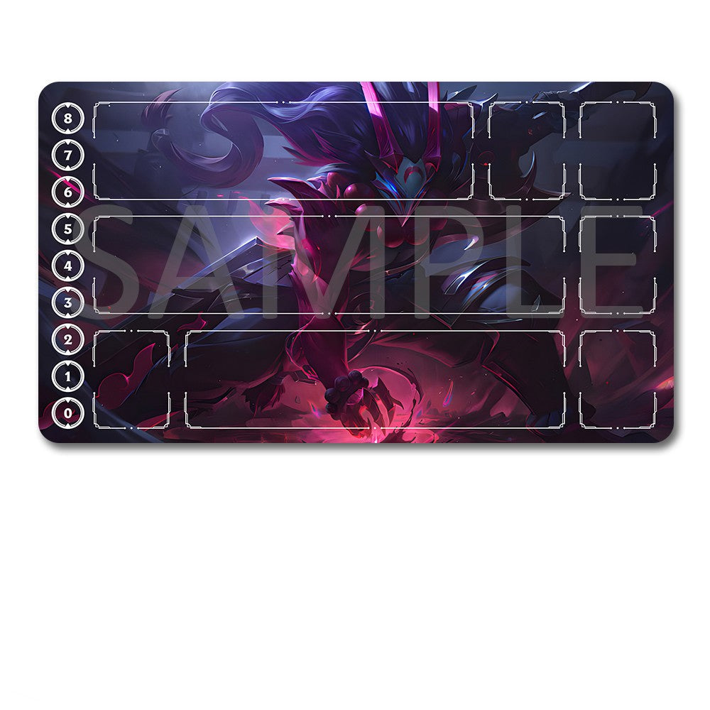 A rectangular gaming playmat with a dark fantasy character illustration and white slot outlines, shown above a black drawstring storage pouch on a plain white background.