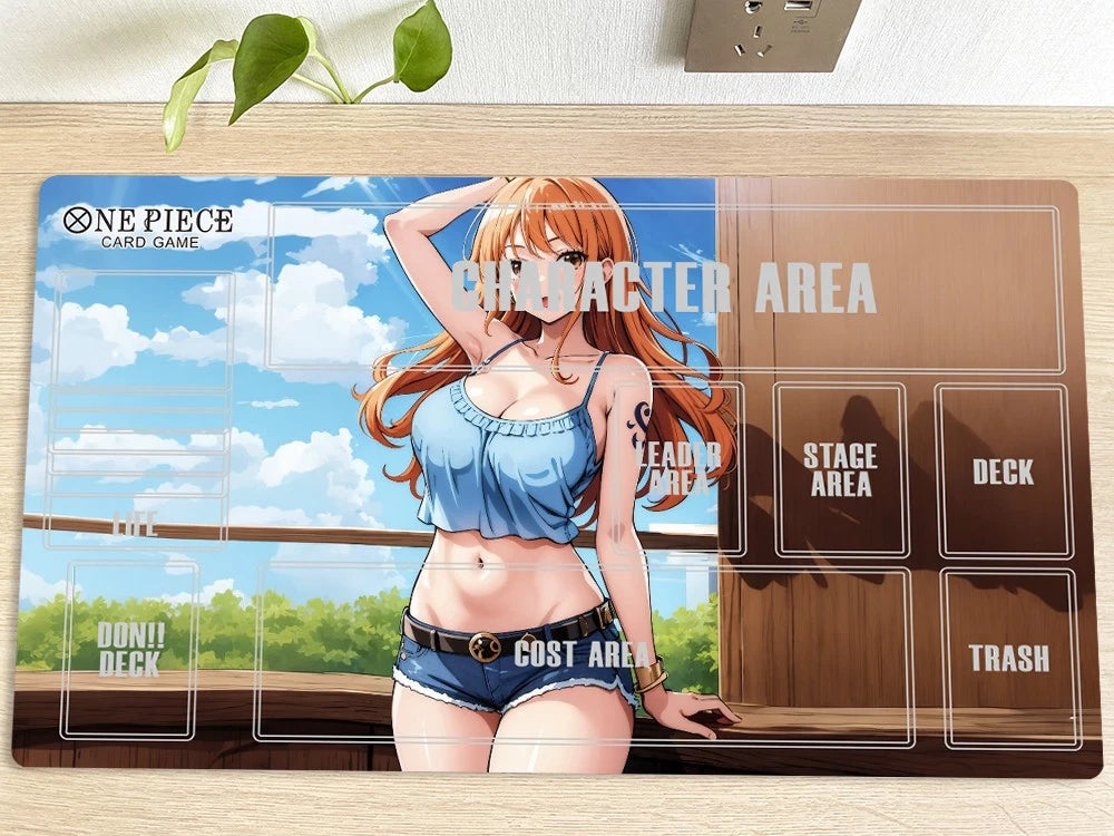 Anime character on a card game mat with labeled areas