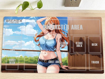 Anime character on a card game mat with labeled areas