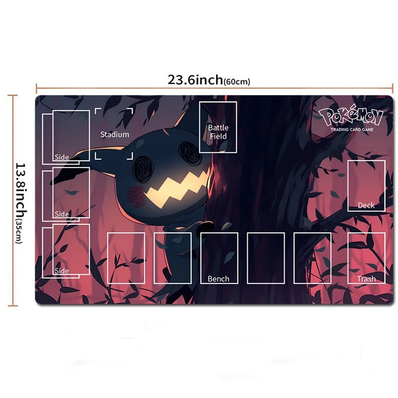 A Pokémon Trading Card Game playmat shown on a white background with printed dimensions and game-area labels. The mat features a dark illustrated scene with a glowing jack-o'-lantern character and Pokémon branding in the top right.