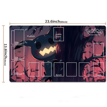 A Pokémon Trading Card Game playmat shown on a white background with printed dimensions and game-area labels. The mat features a dark illustrated scene with a glowing jack-o'-lantern character and Pokémon branding in the top right.