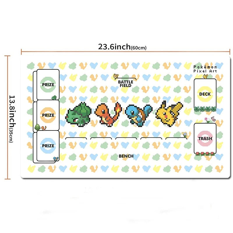 A Pokémon pixel-art battle field mat shown flat on a white background with printed dimensions: 23.6 inches by 13.