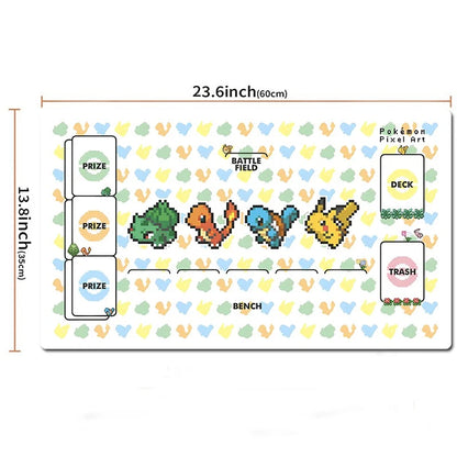 A Pokémon pixel-art battle field mat shown flat on a white background with printed dimensions: 23.6 inches by 13.