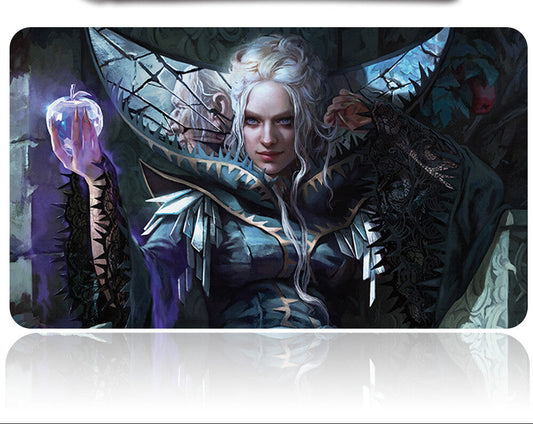 Futuristic weapon with a character holding an apple on a dark background