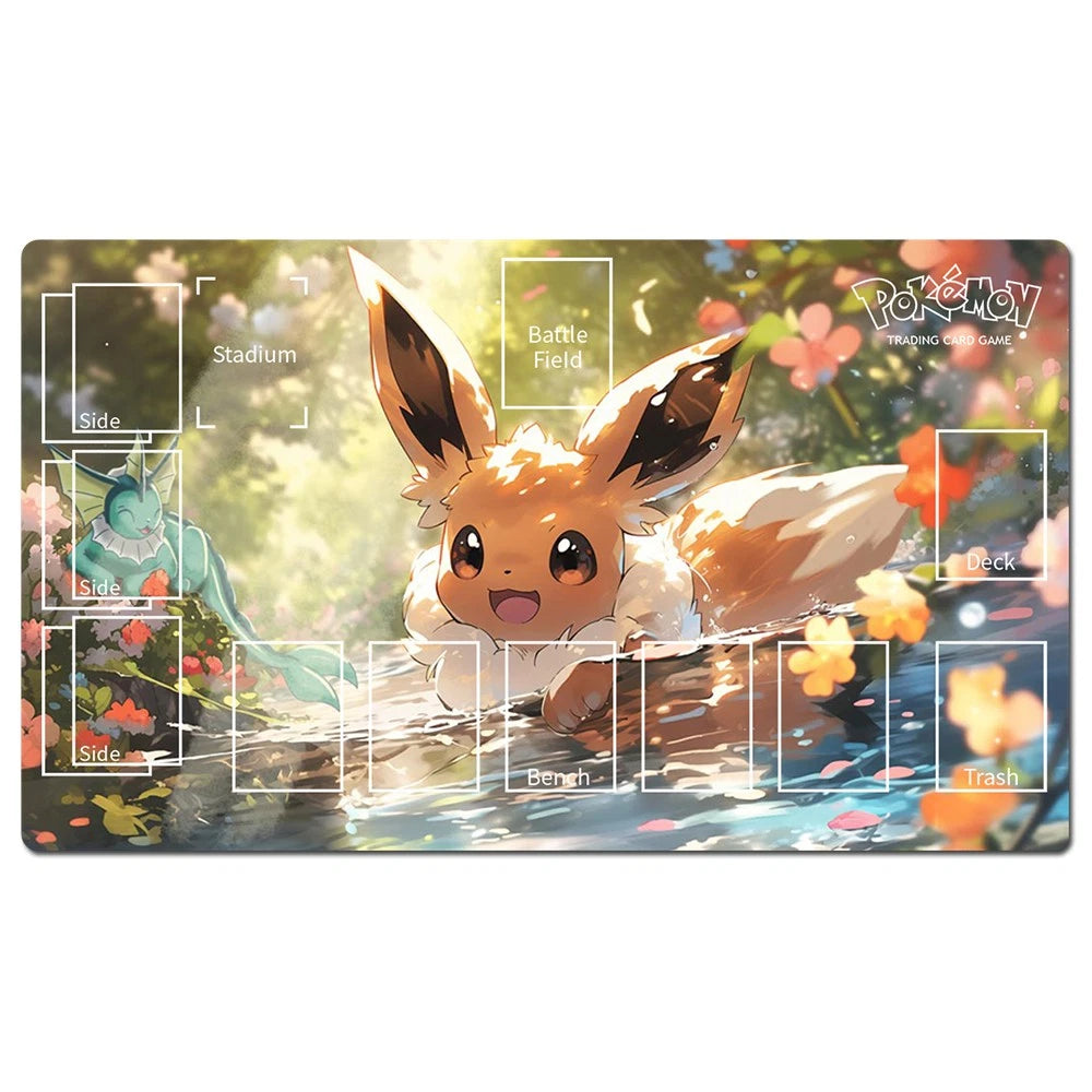 A rectangular Pokémon playmat featuring a colorful illustration of Eevee in a sunlit forest stream, with white game-zone labels printed on the surface.