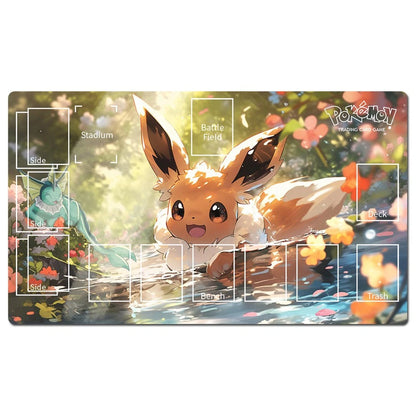 A rectangular Pokémon playmat featuring a colorful illustration of Eevee in a sunlit forest stream, with white game-zone labels printed on the surface.