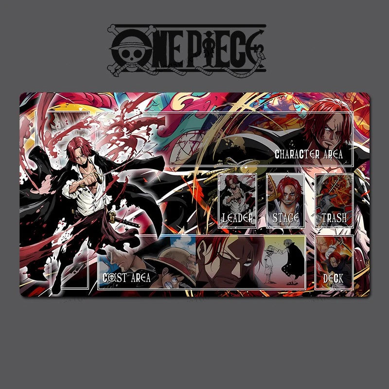 One Piece-themed card game mat with character illustrations and game area labels.
