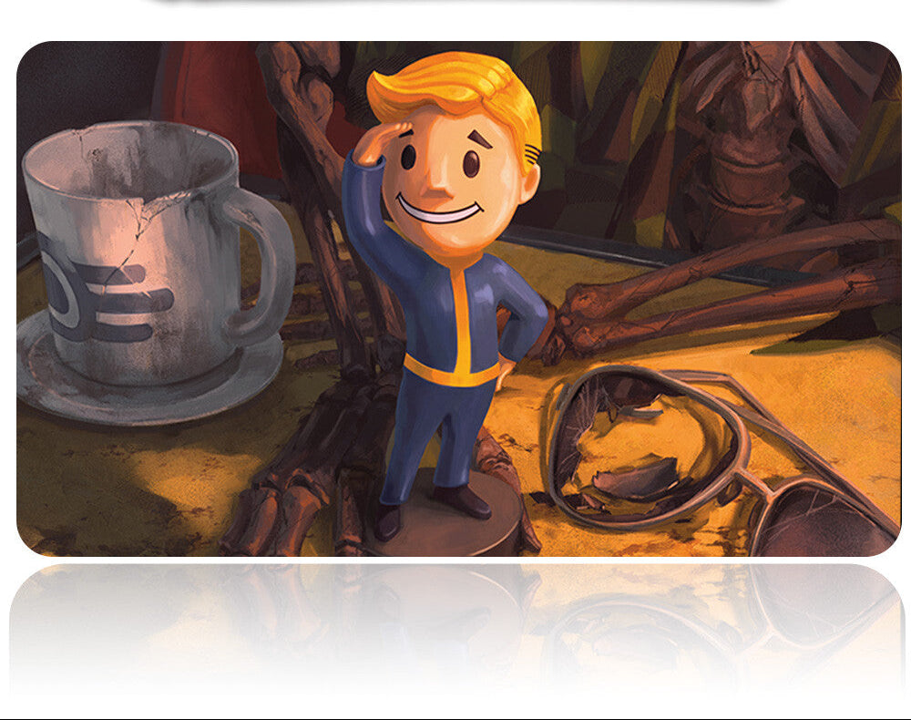 Figurine of a character with a coffee cup and skeleton in the background
