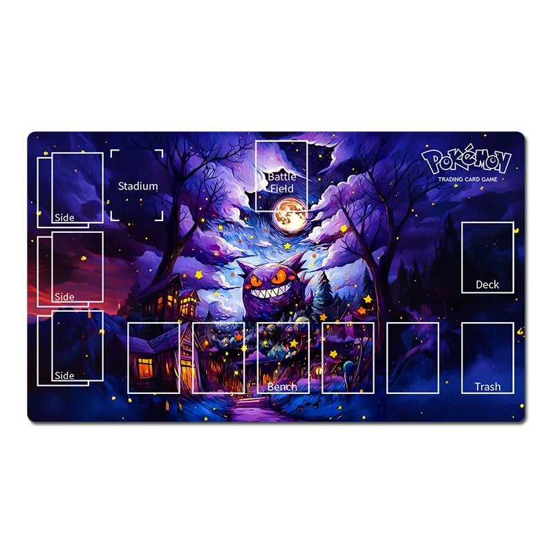 A rectangular Pokémon trading card playmat featuring a dark, whimsical forest scene with a glowing moon, trees, and a purple shadow creature. White labeled zones outline the stadium, side areas, deck, bench, trash, and field on the printed artwork.