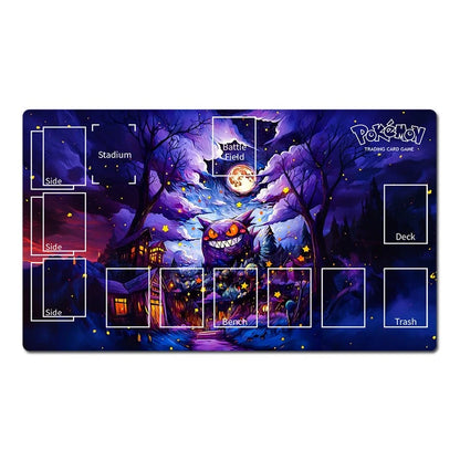A rectangular Pokémon trading card playmat featuring a dark, whimsical forest scene with a glowing moon, trees, and a purple shadow creature. White labeled zones outline the stadium, side areas, deck, bench, trash, and field on the printed artwork.
