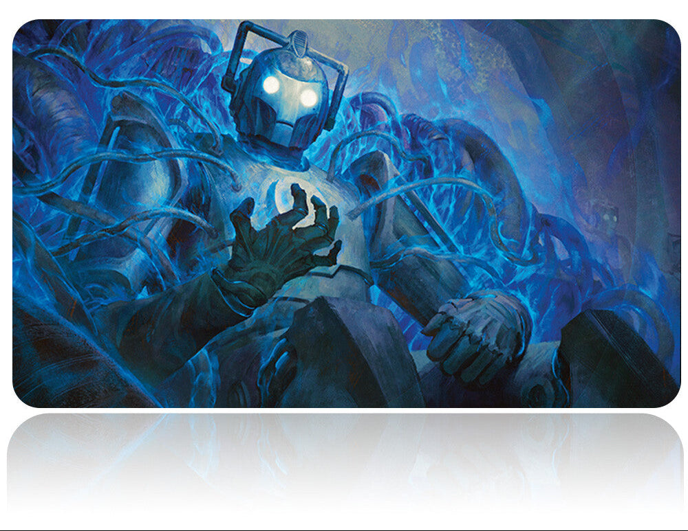 Mouse pad with a sci-fi design of a character in a suit interacting with a glowing blue object, above a silver tool.