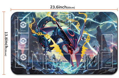 Pokémon themed playmat with dimensions and a drawstring bag below.