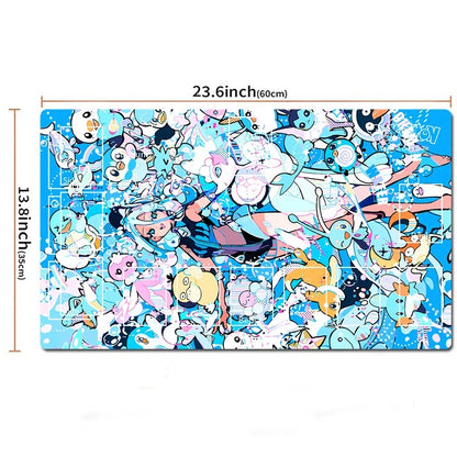 A rectangular playmat with a colorful, dense cartoon illustration featuring various anime-style characters in a blue, white, pink, and yellow mix. The image includes dimension lines indicating a width of 23.