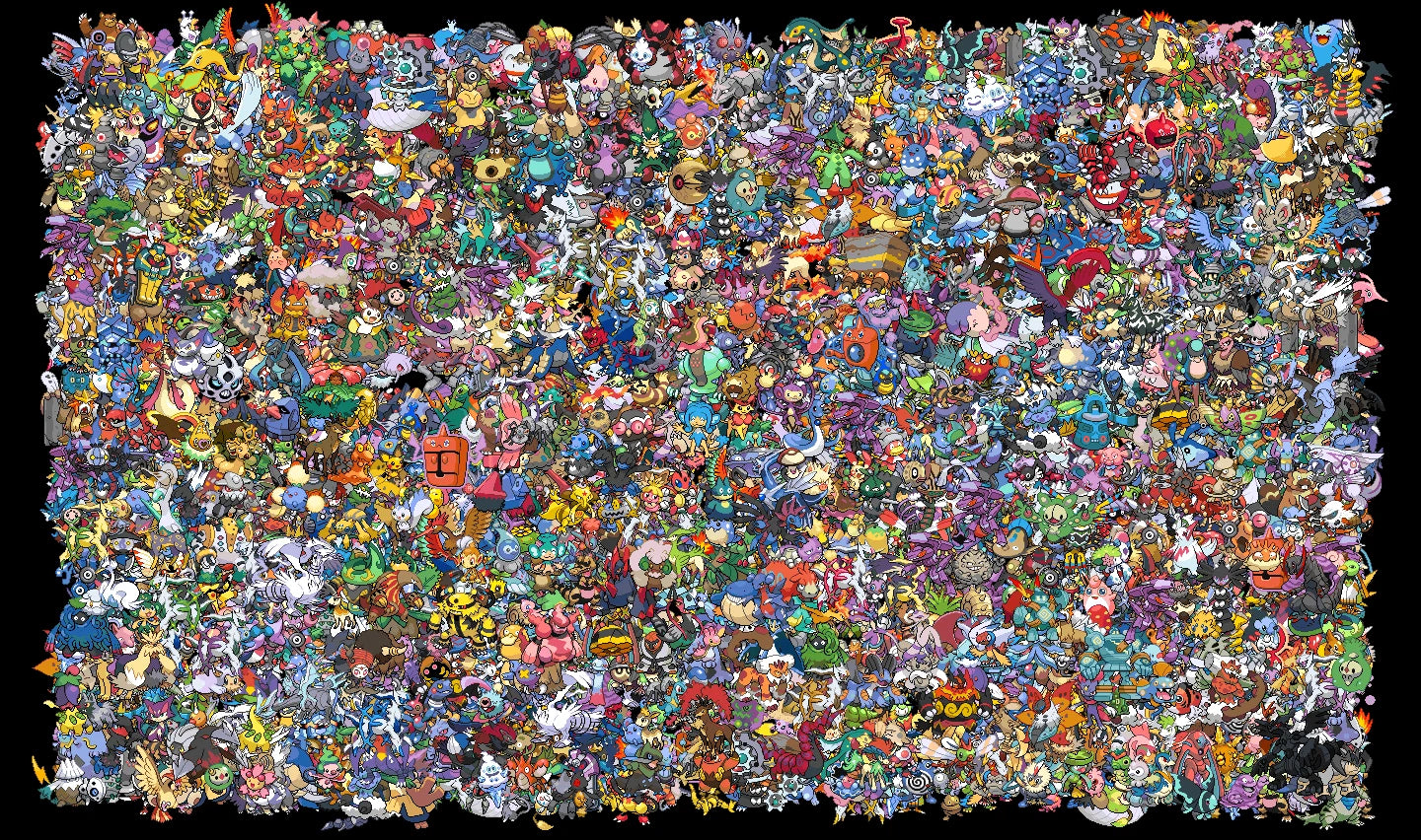 A dense, highly detailed collage of many small colorful cartoon and character illustrations filling almost the entire frame, with a black border around the edges.