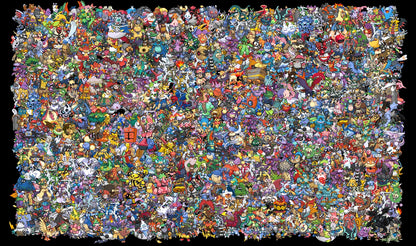 A dense, highly detailed collage of many small colorful cartoon and character illustrations filling almost the entire frame, with a black border around the edges.