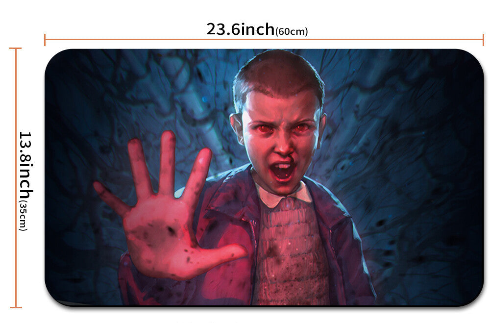Product with a child and bloody hand graphic, dimensions shown, and a strap at the bottom.