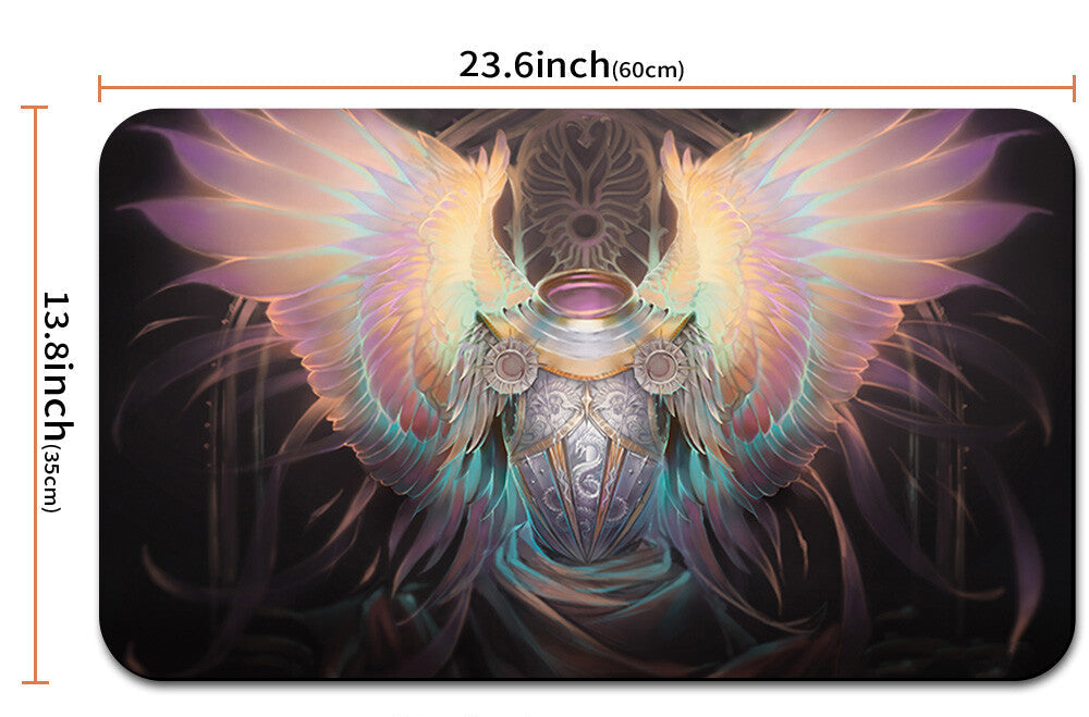 Decorative mat with angel design and measurements, including a carrying strap.