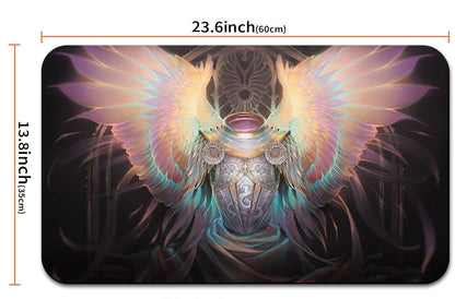 Decorative mat with angel design and measurements, including a carrying strap.