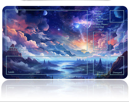 Fantasy landscape mouse pad with gaming interface design and a pen holder above it.