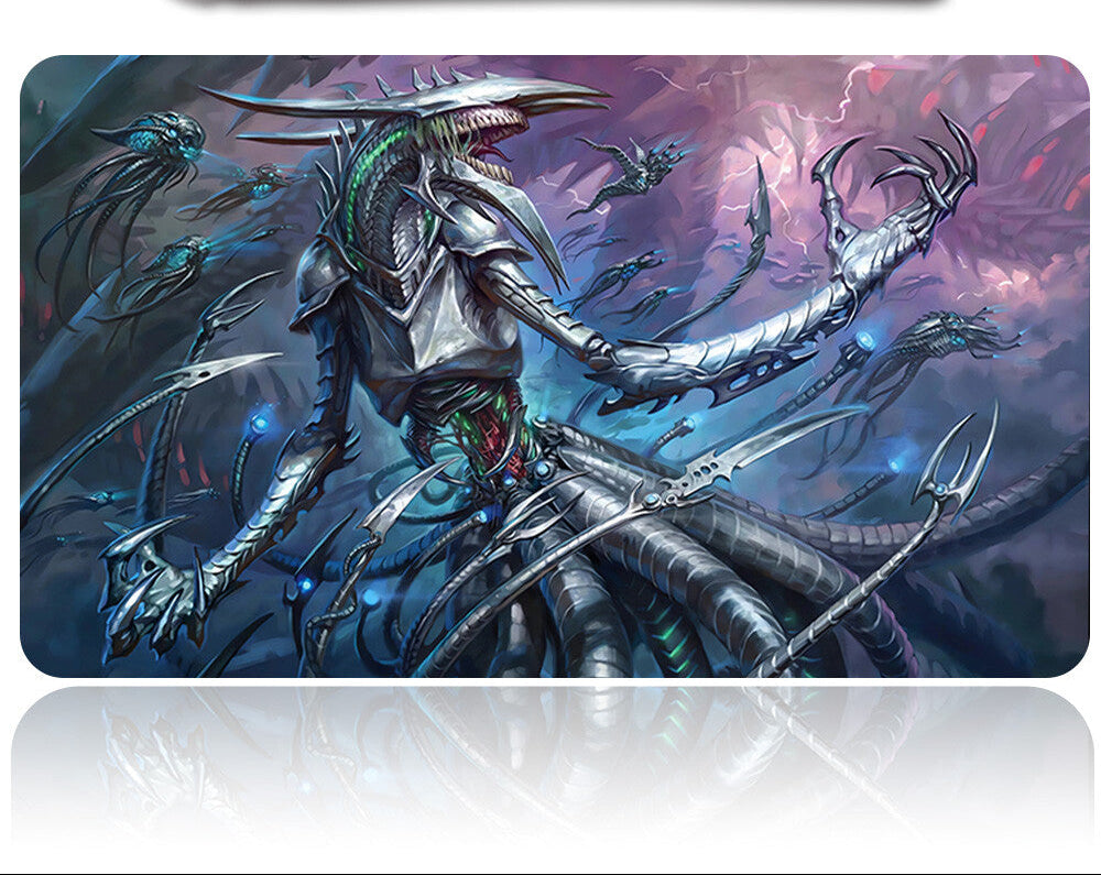 Mouse pad with fantasy design featuring a creature and tools on a white background