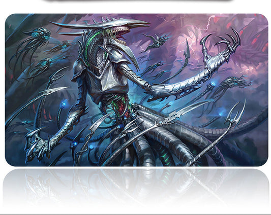Mouse pad with fantasy design featuring a creature and tools on a white background