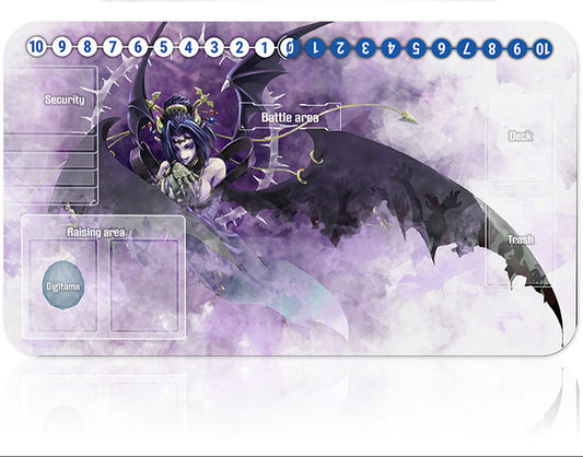 Card game mat with character design and card holder on a white background