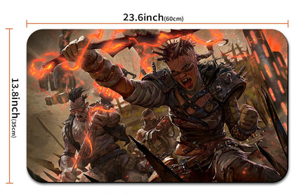 Mouse pad with warrior design and measurements, including a carrying strap.